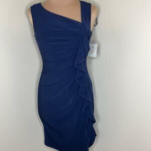 Suzi Chin for Maggy Boutique Dress 4 Womens Blue Asymmetric Neck Ruffle Sheath